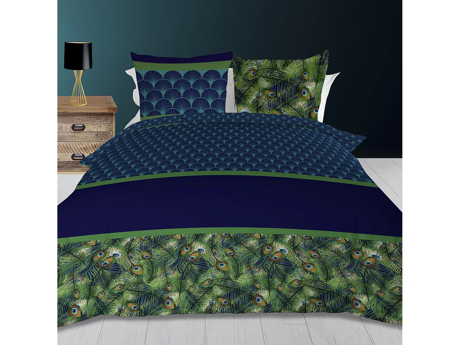 Parure housse de couette 260x240 cm en coton 57 Fils PAON bleu, par Soleil d'ocre