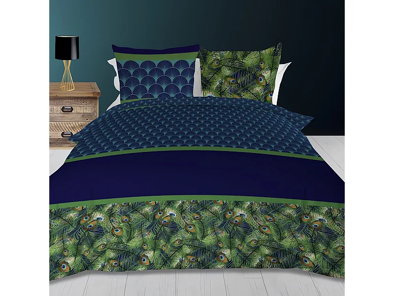 Parure housse de couette 260x240 cm en coton 57 Fils PAON bleu, par Soleil d'ocre