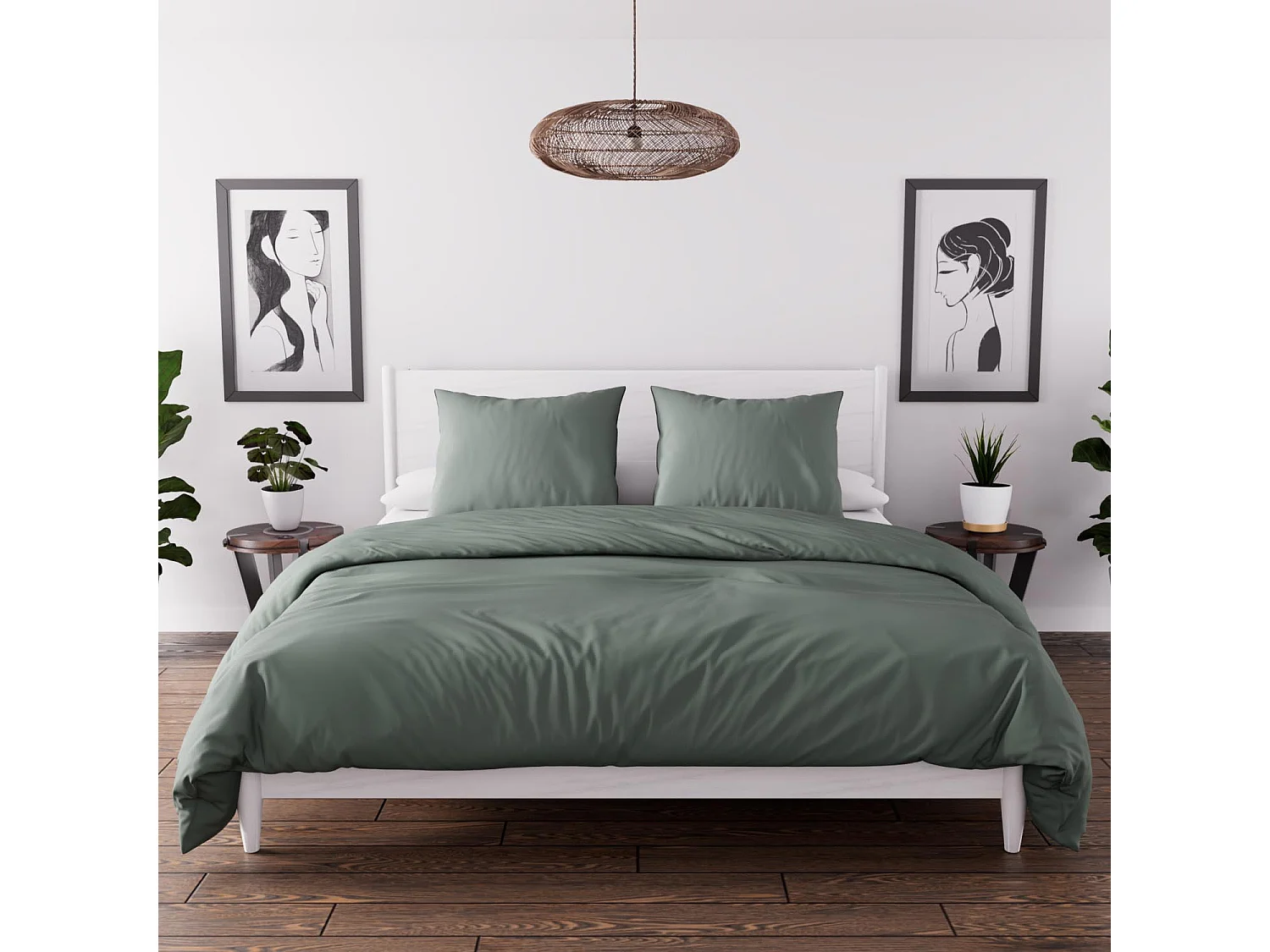 Parure housse de couette en microfibre lavée 240x220 cm BOHEME vert kaki, par Soleil d'Ocre