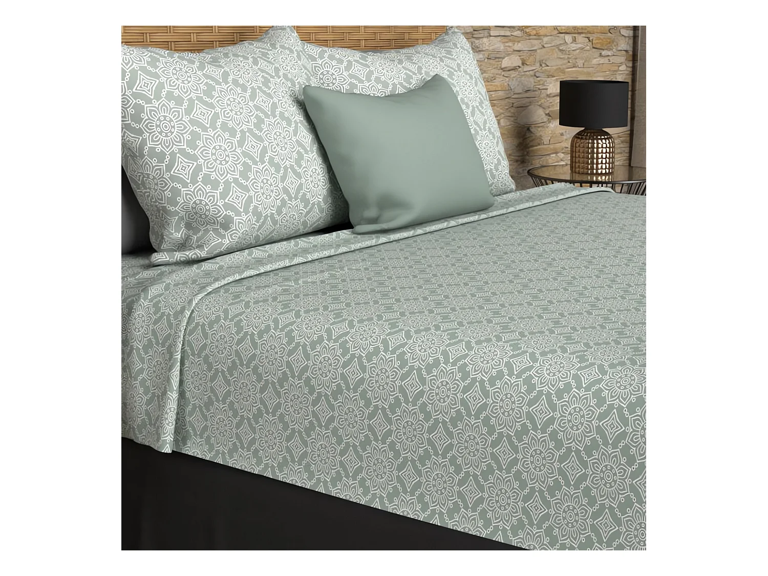 Parure de draps coton 57 fils 240x290 cm ESMERALDA vert, par Soleil d'ocre