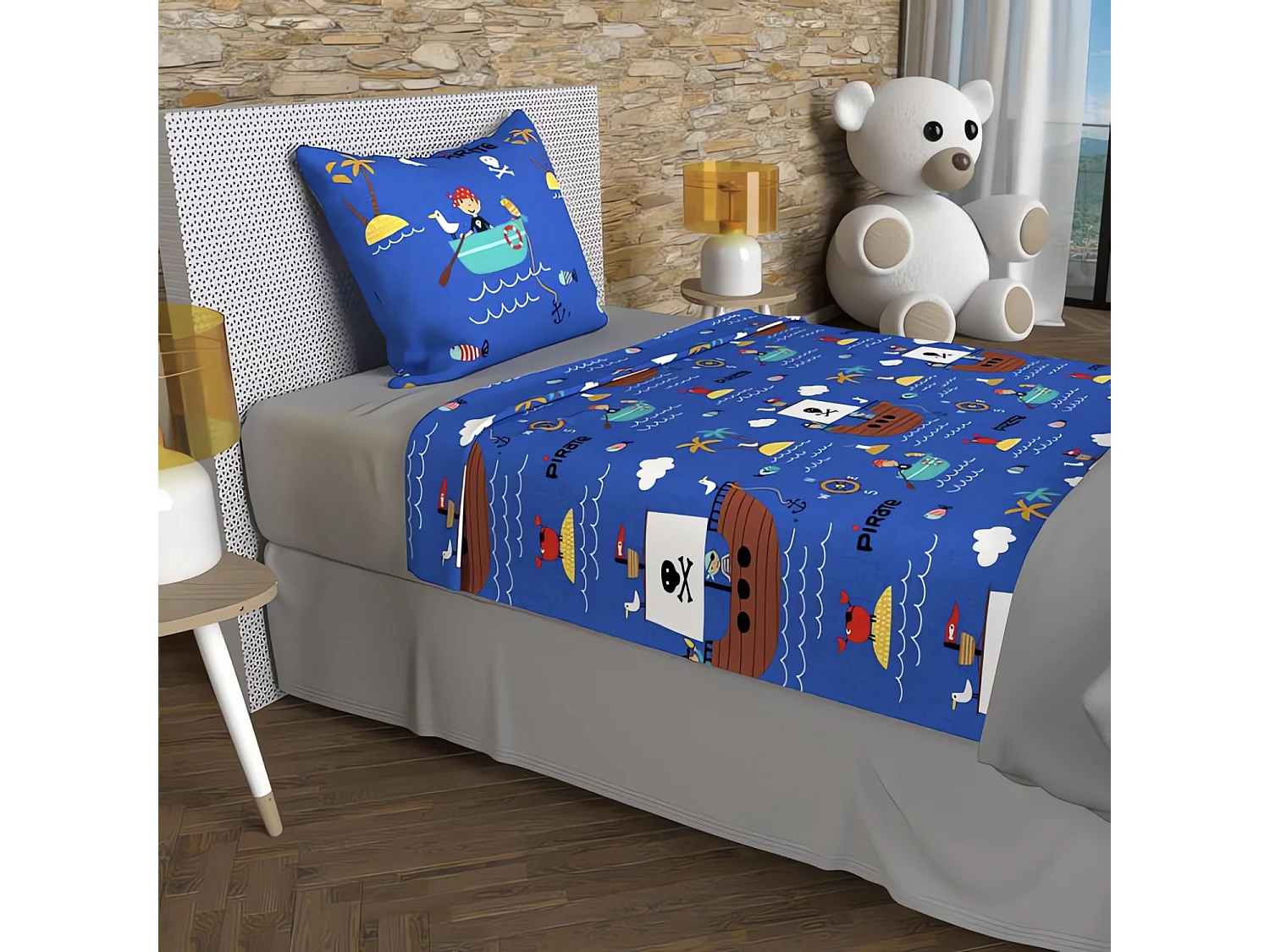 Parure de draps 180x290 cm PIRATES bleu, 100% coton 57 fils/cm2, par Soleil d'Ocre