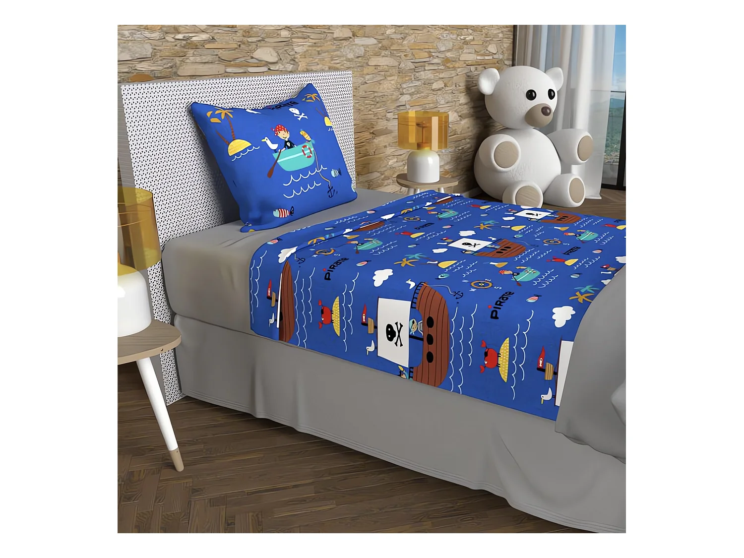 Parure de draps 180x290 cm PIRATES bleu, 100% coton 57 fils/cm2, par Soleil d'Ocre