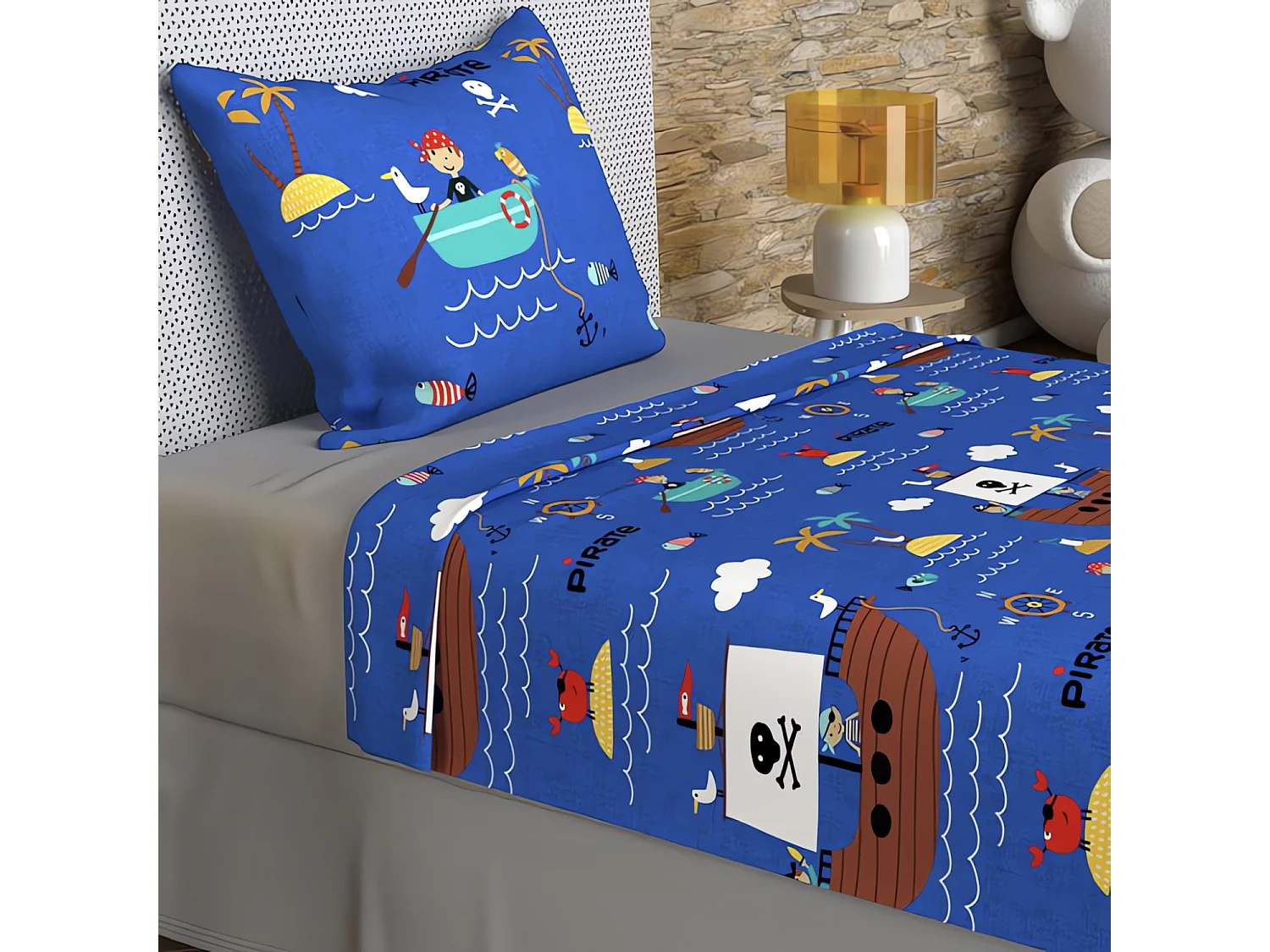 Set de sábanas 180x290 cm PIRATAS azul, 100% algodón 57 hilos/cm2