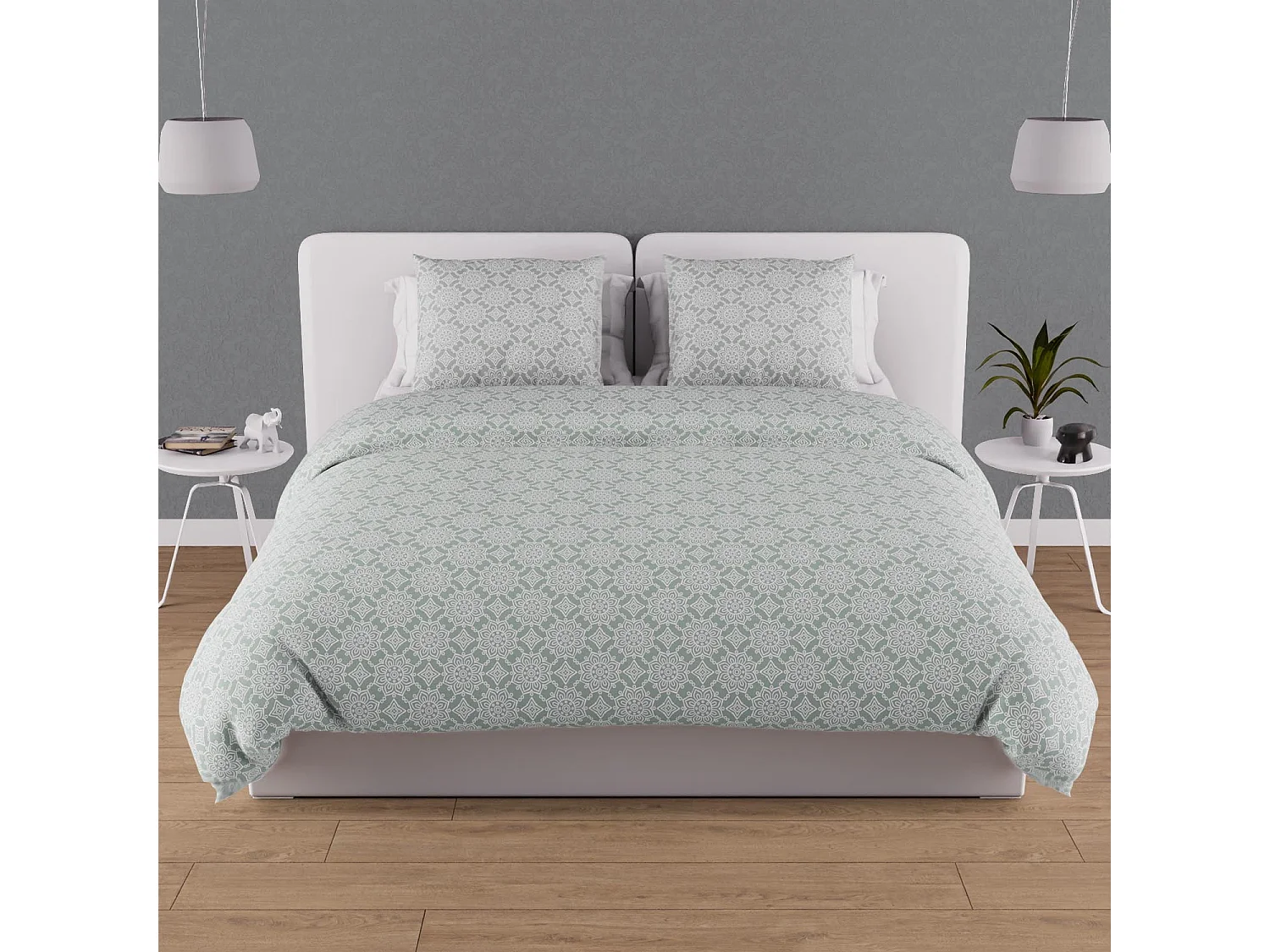 Parure housse de couette en coton 57 fils 260x240 cm ESMERALDA vert, par Soleil d'ocre