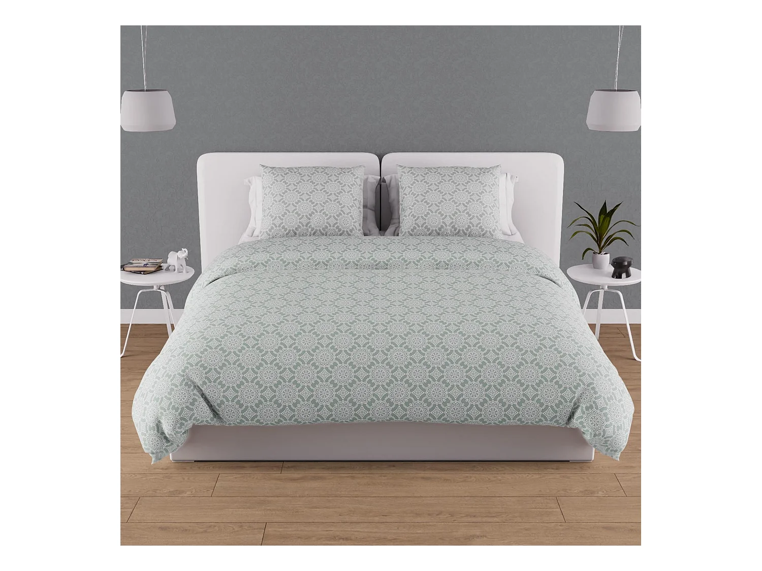 Parure housse de couette en coton 57 fils 260x240 cm ESMERALDA vert, par Soleil d'ocre