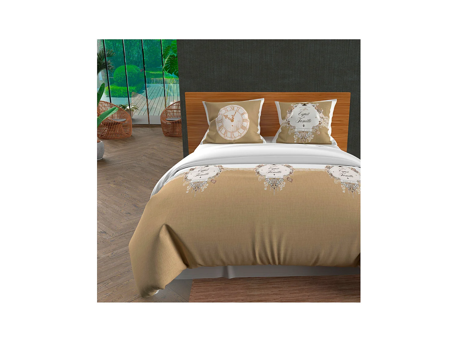 Parure housse de couette 260x240 cm en coton 57 Fils ESPRIT DE FAMILLE taupe, par Soleil d'ocre