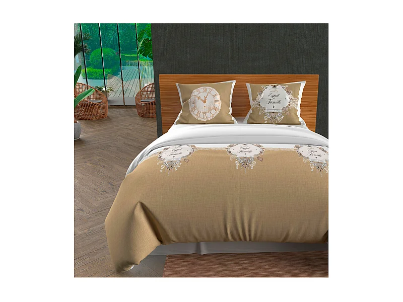 Parure housse de couette 260x240 cm en coton 57 Fils ESPRIT DE FAMILLE taupe, par Soleil d'ocre