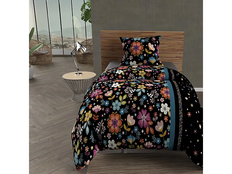 Parure housse de couette microfibre 140X200 cm FLORA noir, par Intemporel