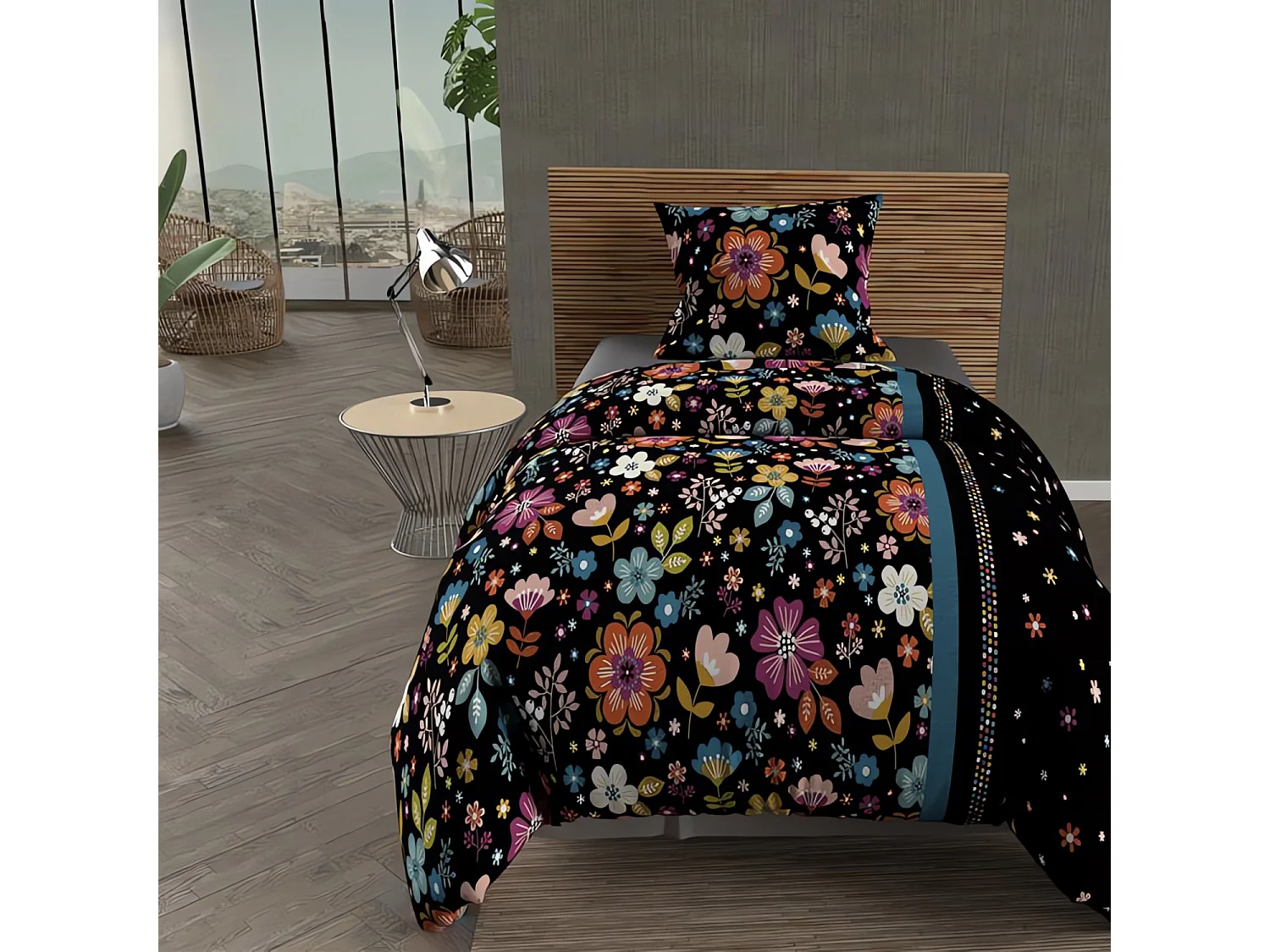 Parure housse de couette microfibre 140X200 cm FLORA noir, par Intemporel