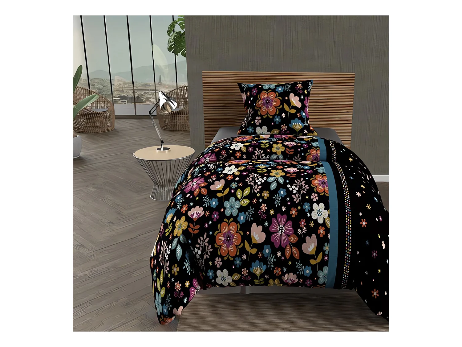 Parure housse de couette microfibre 140X200 cm FLORA noir, par Intemporel