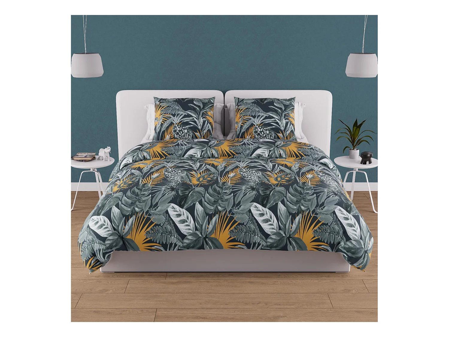 Parure housse de couette en coton 57 fils 240x220 cm TROPIC bleu, par Soleil d'ocre