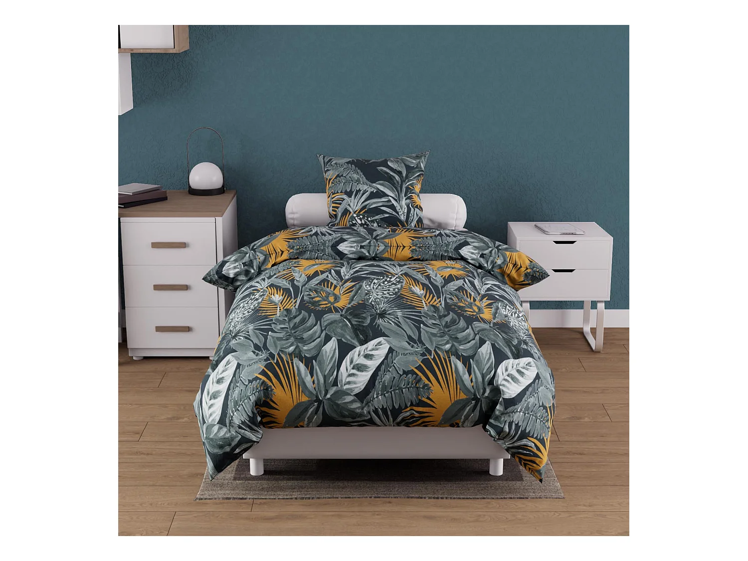 Parure housse de couette coton 57 fils 140x200 cm TROPIC bleu, par Soleil d'ocre