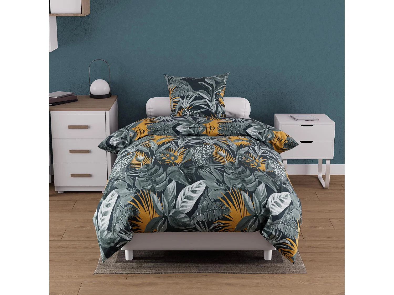 Parure housse de couette coton 57 fils 140x200 cm TROPIC bleu, par Soleil d'ocre