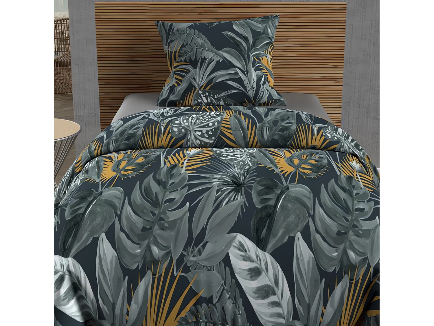 Parure housse de couette coton 57 fils 140x200 cm TROPIC bleu, par Soleil d'ocre