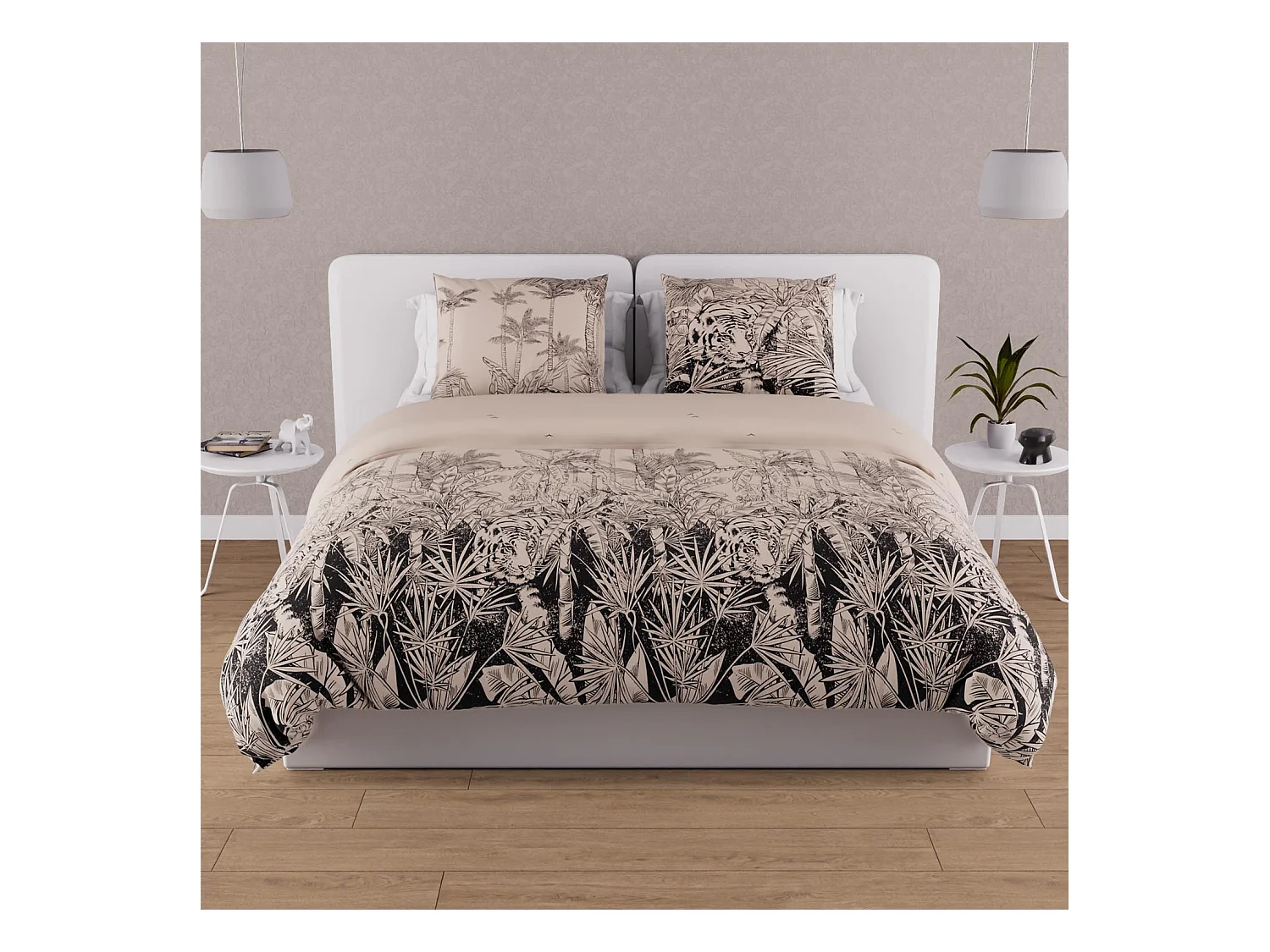 Parure housse de couette en coton 57 fils 260x240 cm TIGRE sable, par Soleil d'ocre