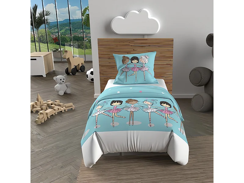 Parure housse de couette 120X150 cm DANSEUSES bleu, 100% coton 57 fils/cm2, par Soleil d'Ocre