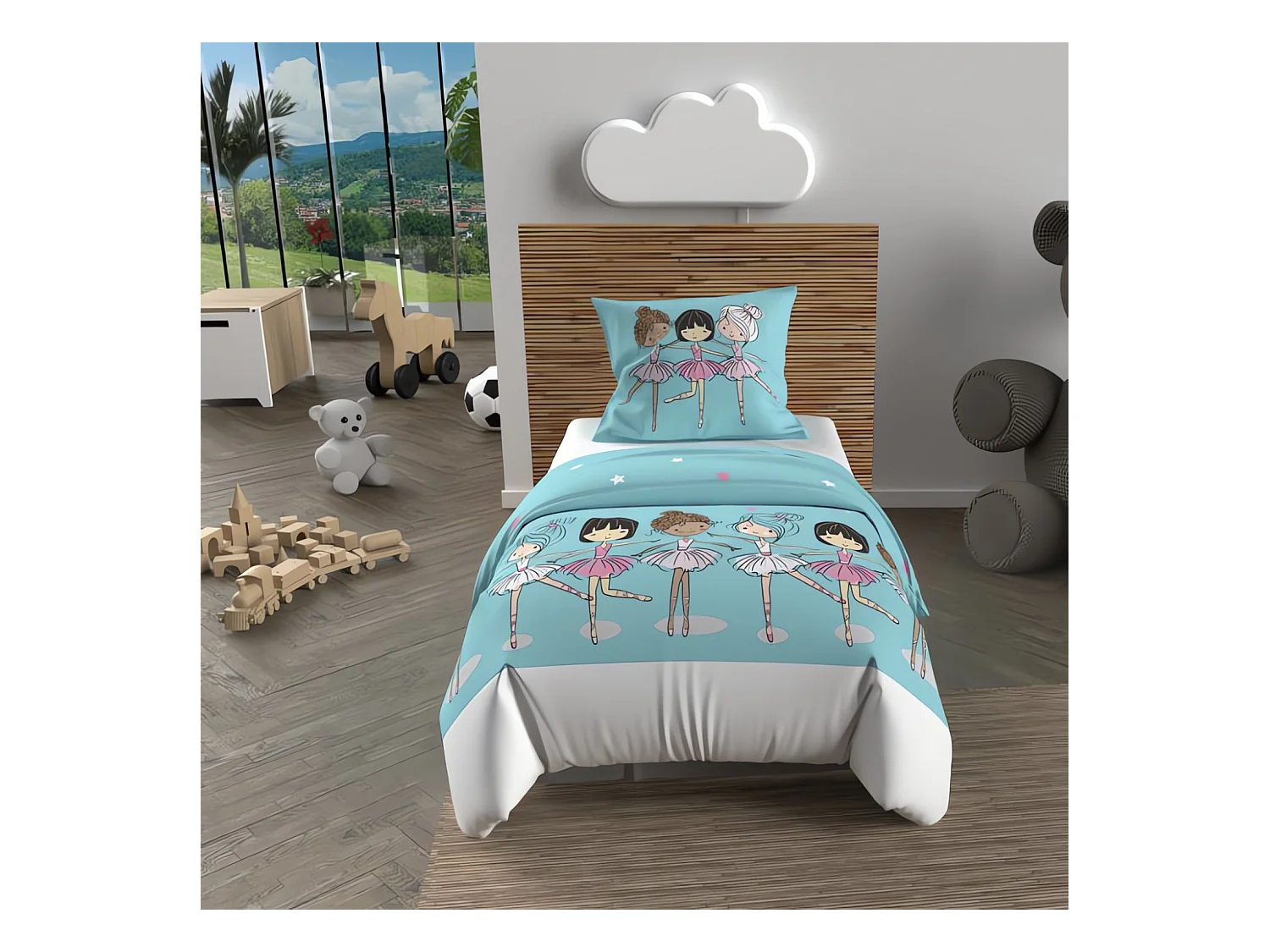 Parure housse de couette 120X150 cm DANSEUSES bleu, 100% coton 57 fils/cm2, par Soleil d'Ocre
