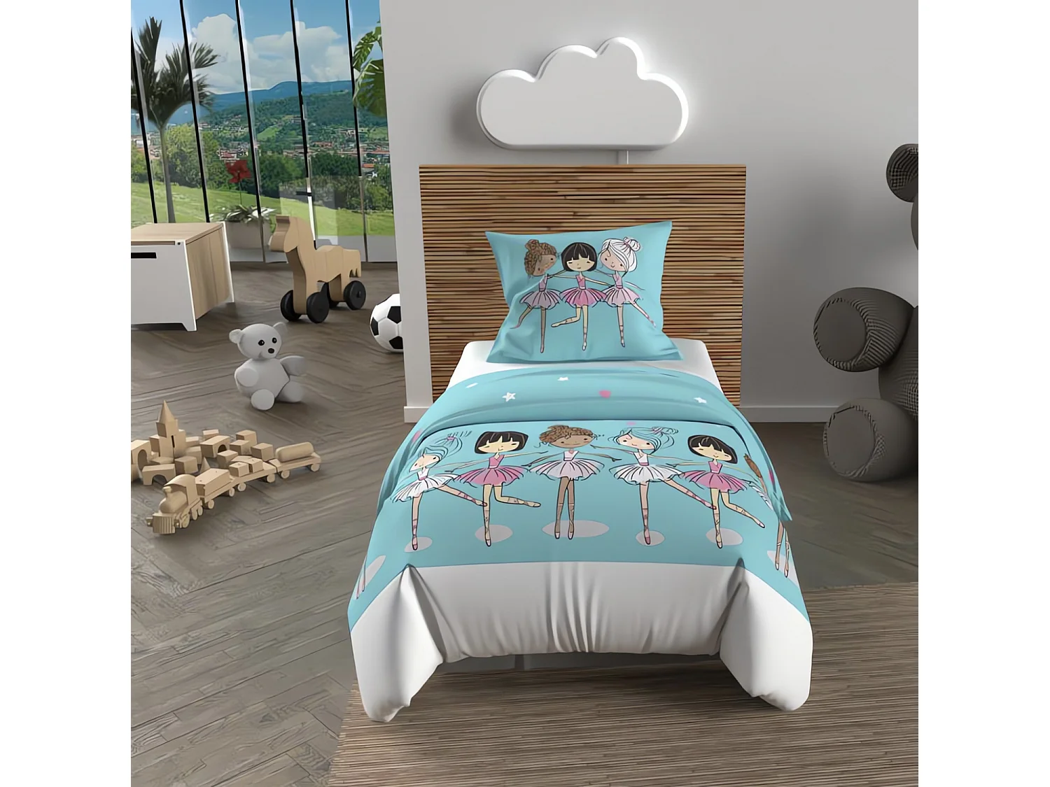 Parure housse de couette 120X150 cm DANSEUSES bleu, 100% coton 57 fils/cm2, par Soleil d'Ocre