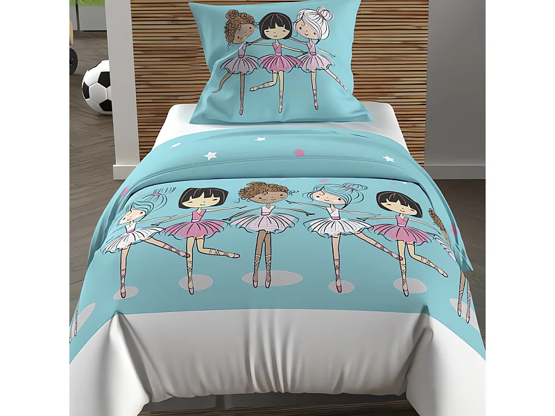 Parure housse de couette 120X150 cm DANSEUSES bleu, 100% coton 57 fils/cm2, par Soleil d'Ocre