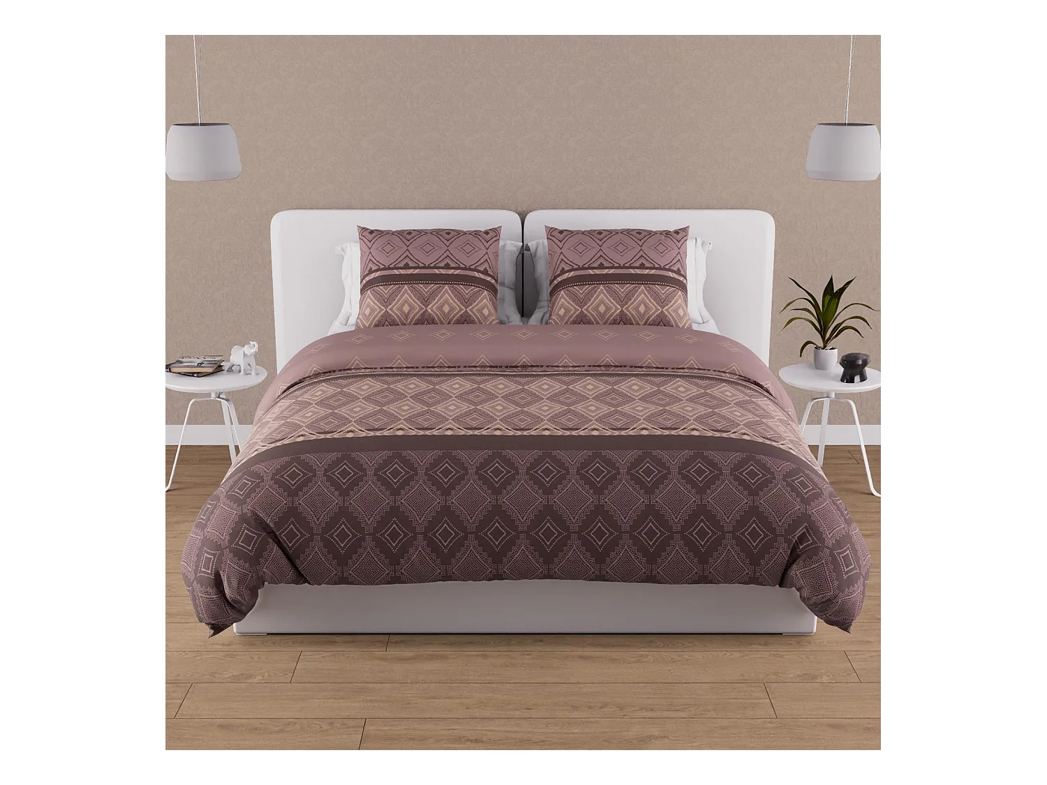 Parure housse de couette en coton 57 fils 240x220 cm ETHNO brun, par Soleil d'ocre
