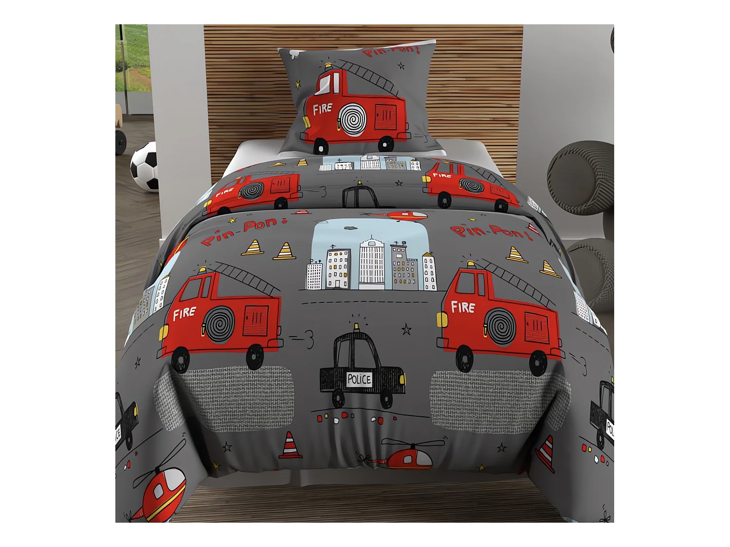 Set funda nórdica 140x200 cm BOMBEROS gris, 100% algodón 57 hilos/cm2