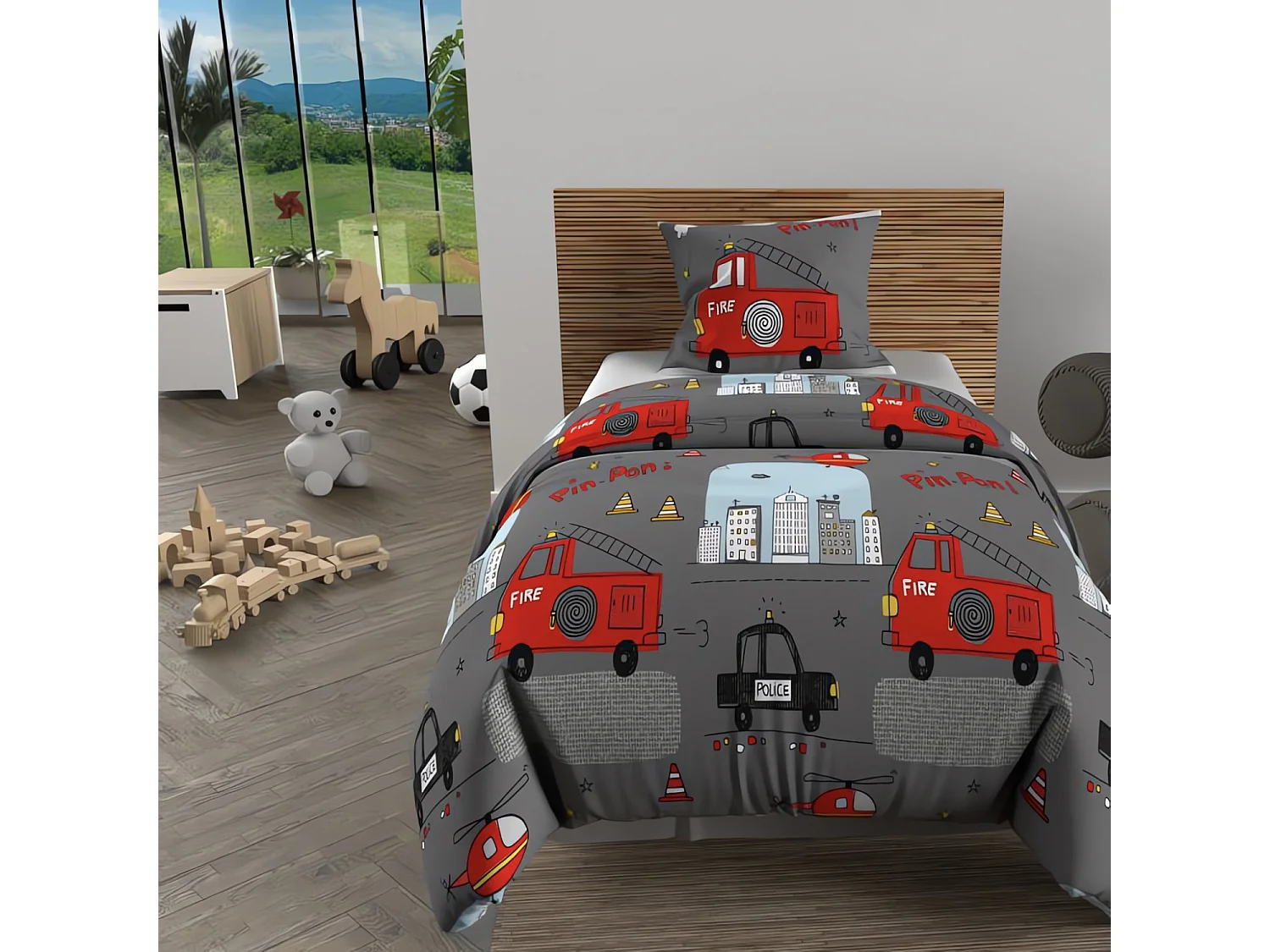 Set funda nórdica 140x200 cm BOMBEROS gris, 100% algodón 57 hilos/cm2