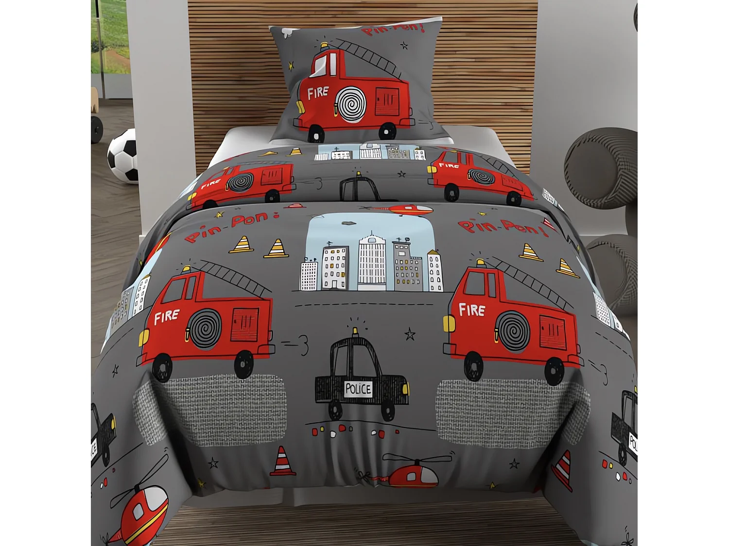 Set funda nórdica 140x200 cm BOMBEROS gris, 100% algodón 57 hilos/cm2