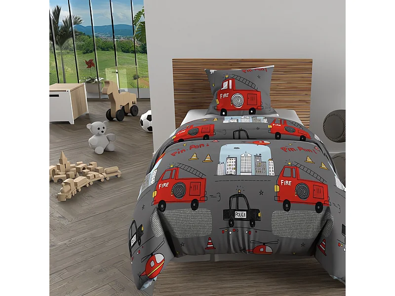 Set funda nórdica 140x200 cm BOMBEROS gris, 100% algodón 57 hilos/cm2