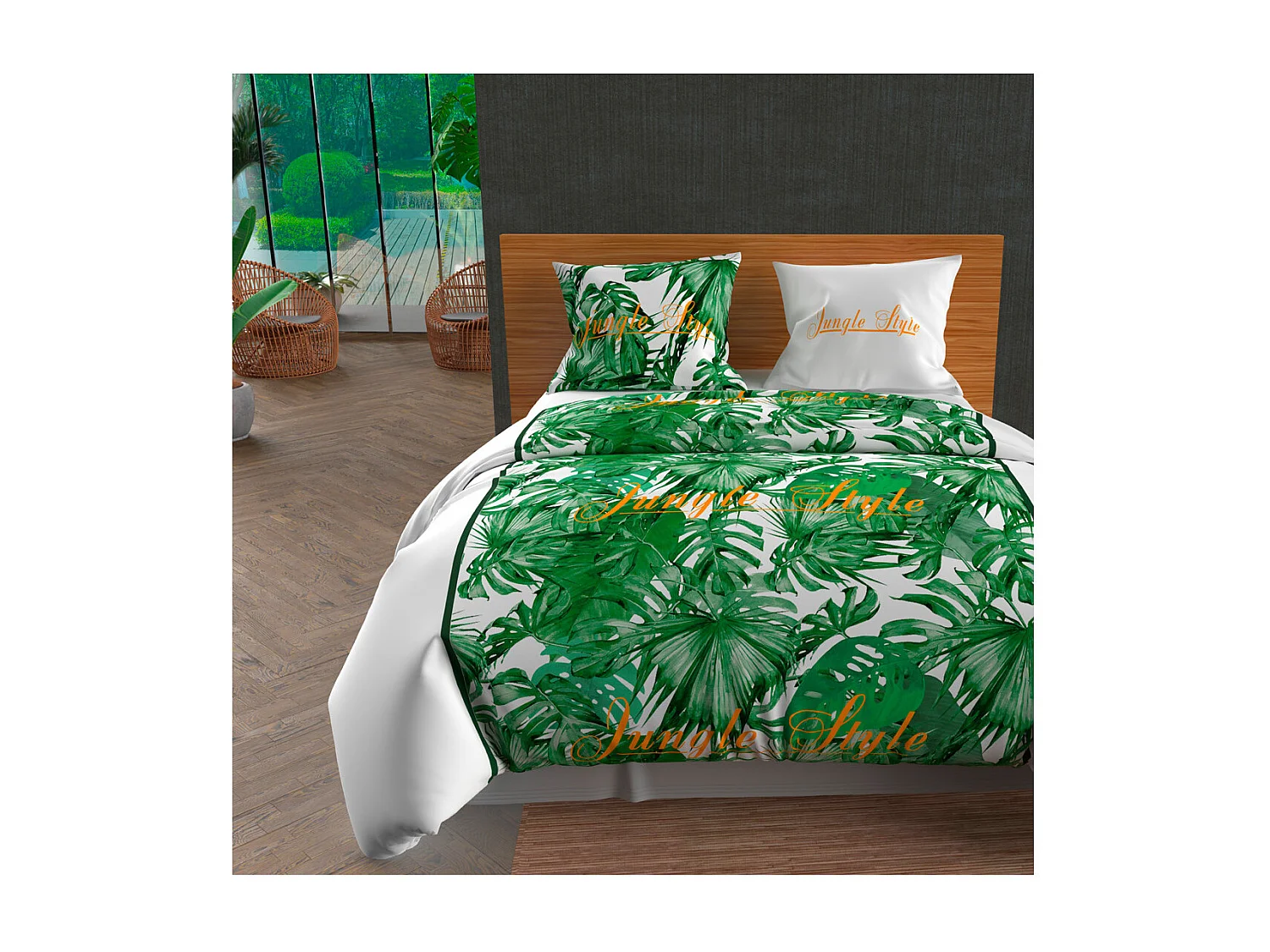 Set funda nórdica de algodón 57 hilos/cm2 260x240 cm NOUMEA Verde y Blanco