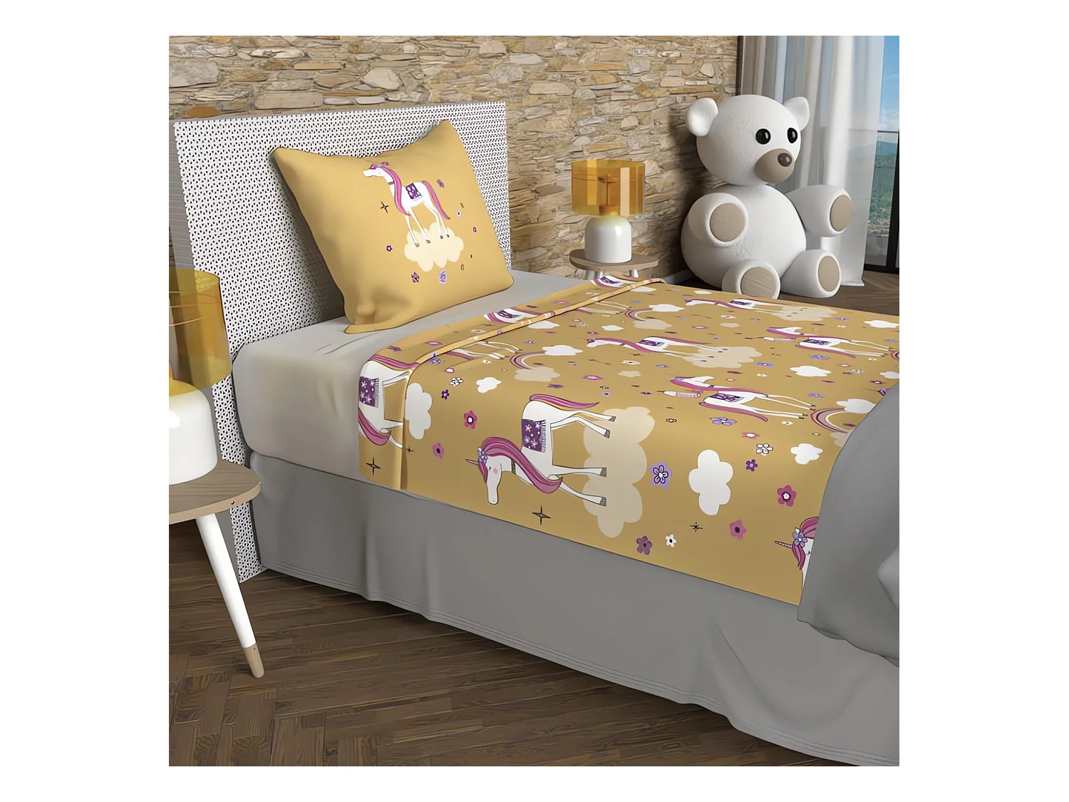 Parure de draps 180x290 cm LICORNES jaune, 100% coton 57 fils/cm2, par Soleil d'Ocre