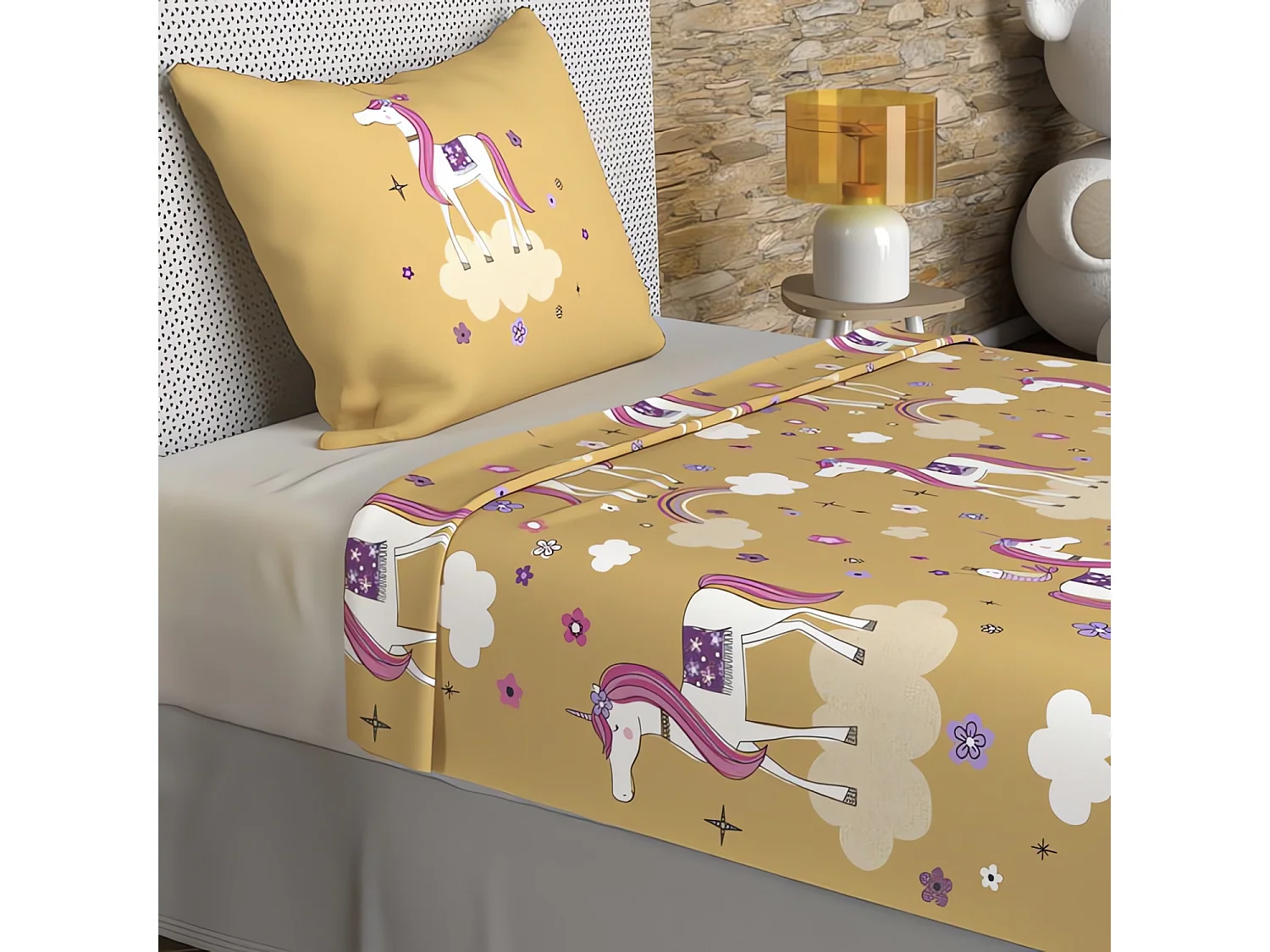 Set de sábanas 180x290 cm LISOcornios amarillos, 100% algodón 57 hilos/cm2