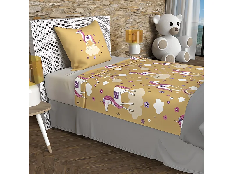 Parure de draps 180x290 cm LICORNES jaune, 100% coton 57 fils/cm2, par Soleil d'Ocre
