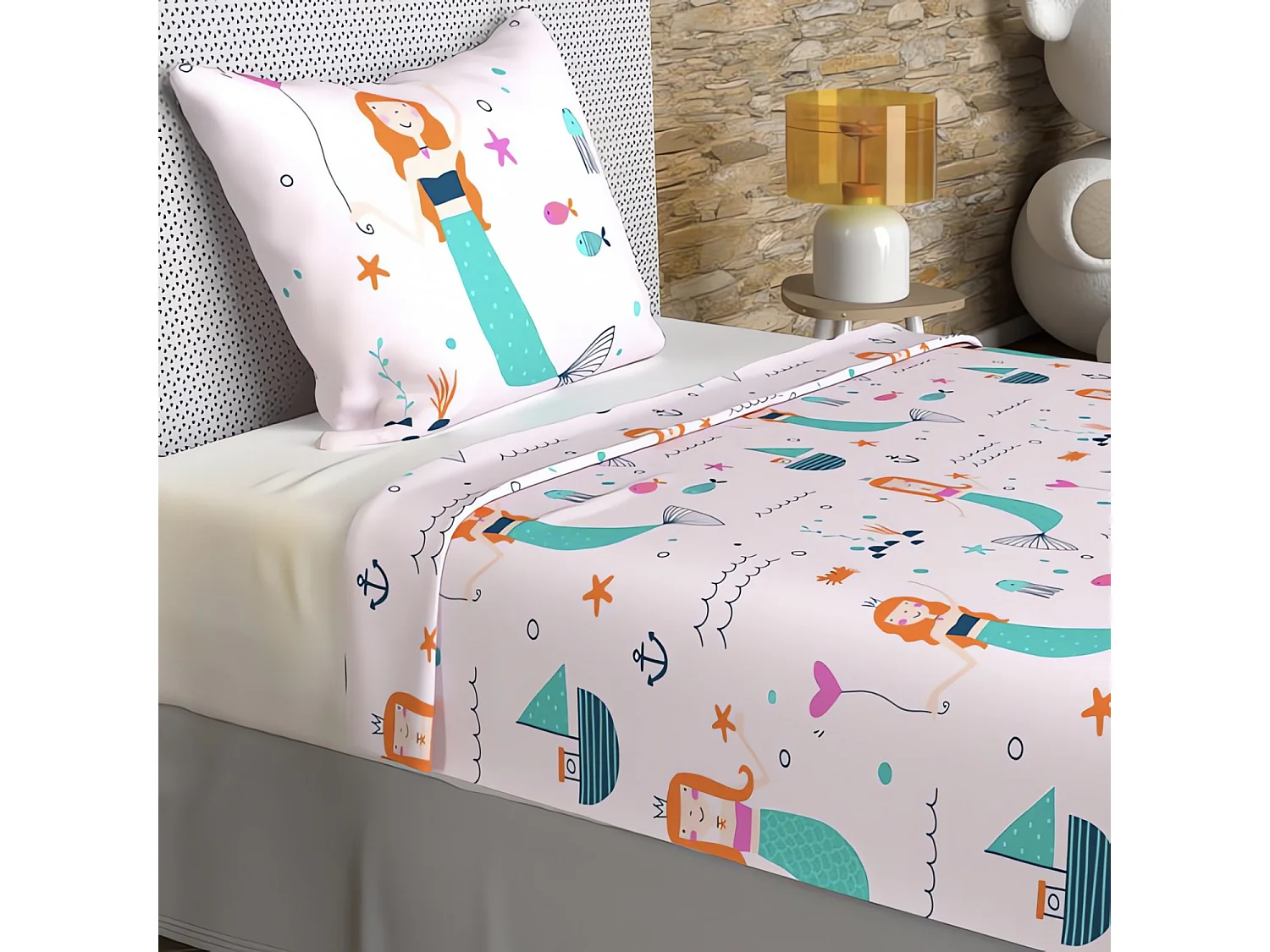 Set de sábanas 180x290 cm SIRENES rosa, 100% algodón 57 hilos/cm2