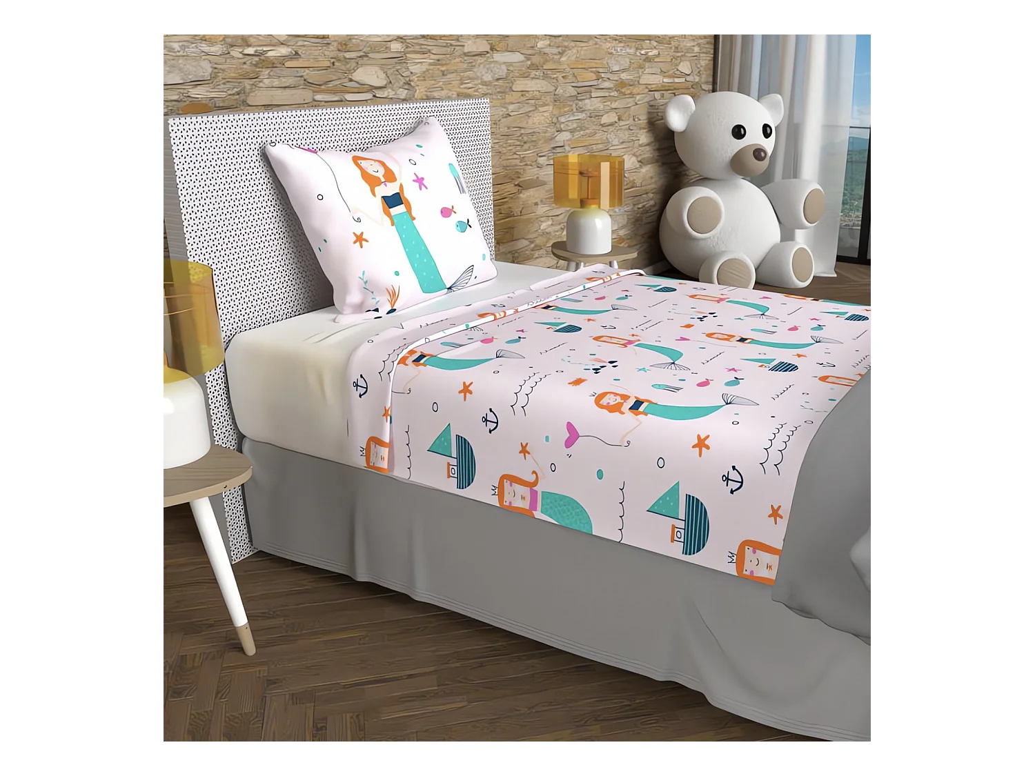 Parure de draps 180x290 cm SIRENES rose, 100% coton 57 fils/cm2, par Soleil d'Ocre