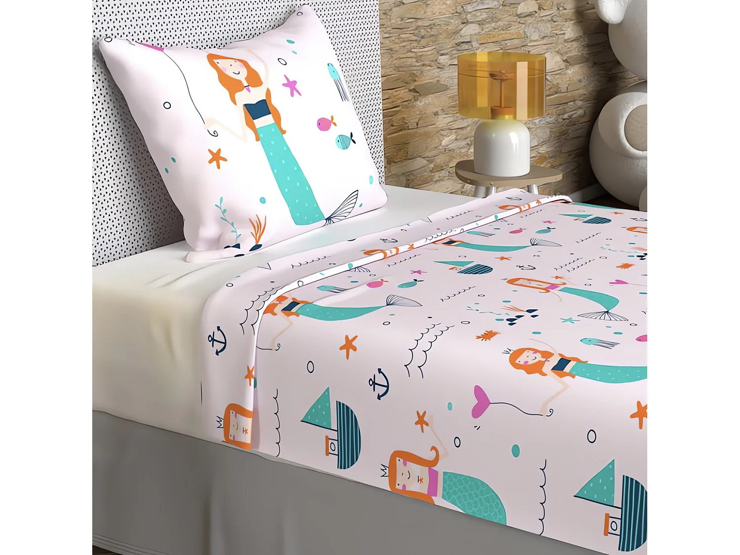 Set de sábanas 180x290 cm SIRENES rosa, 100% algodón 57 hilos/cm2