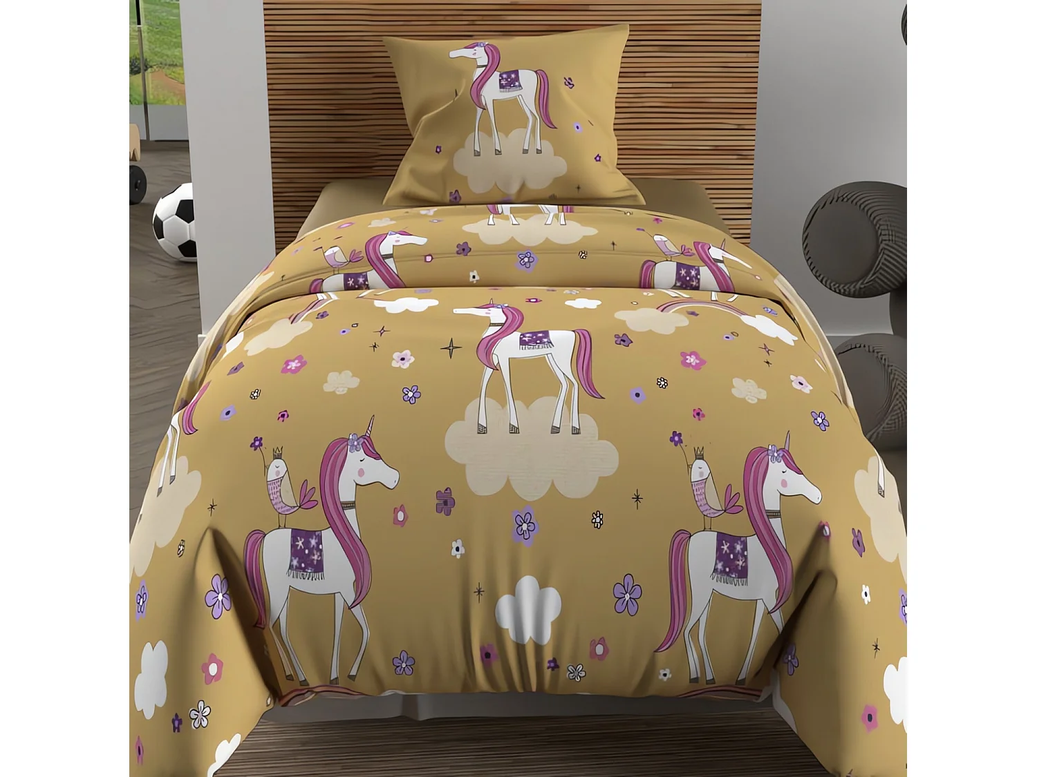 Parure housse de couette 140x200 cm LICORNES jaune, 100% coton 57 fils/cm2, par Soleil d'Ocre