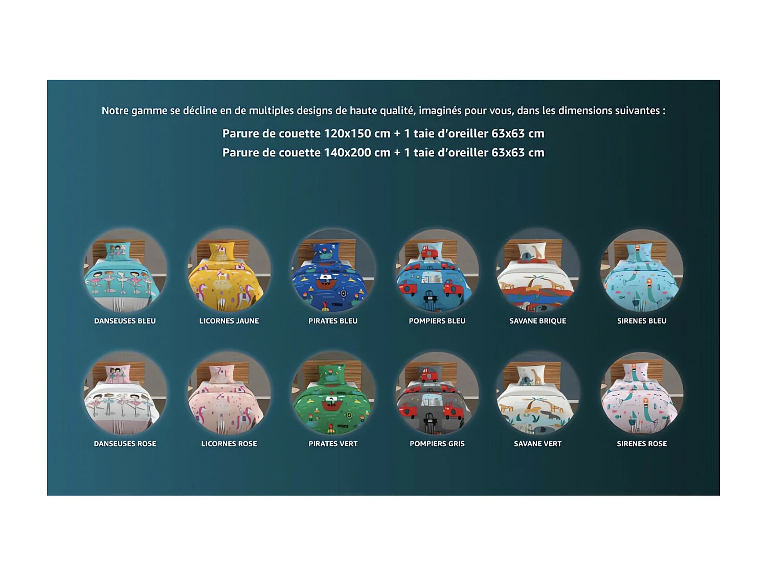 Parure housse de couette 140x200 cm LICORNES jaune, 100% coton 57 fils/cm2, par Soleil d'Ocre