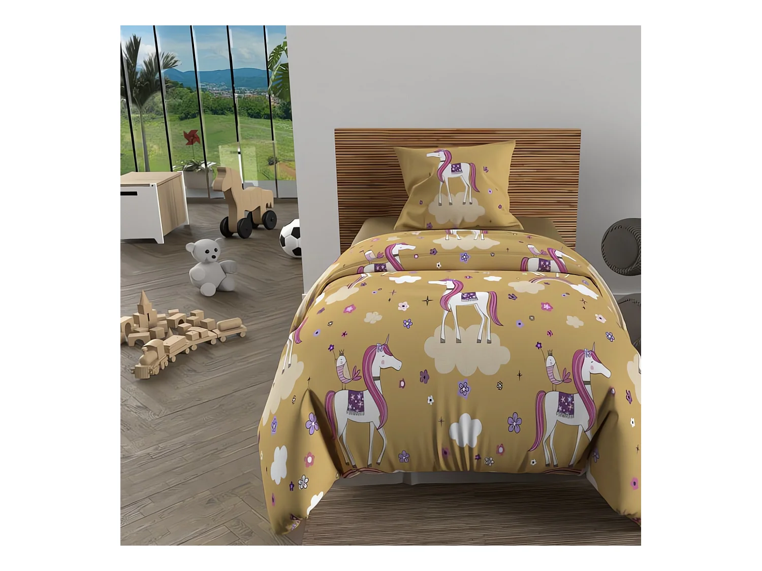 Parure housse de couette 140x200 cm LICORNES jaune, 100% coton 57 fils/cm2, par Soleil d'Ocre