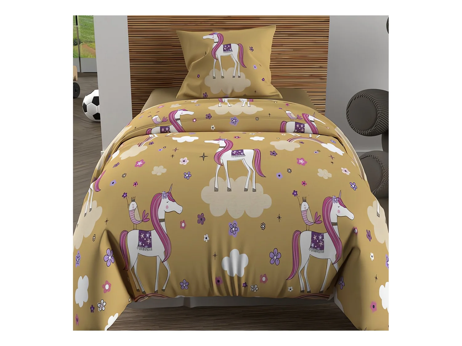 Set funda nórdica 140x200 cm Unicornios amarillo, 100% algodón 57 hilos/cm2