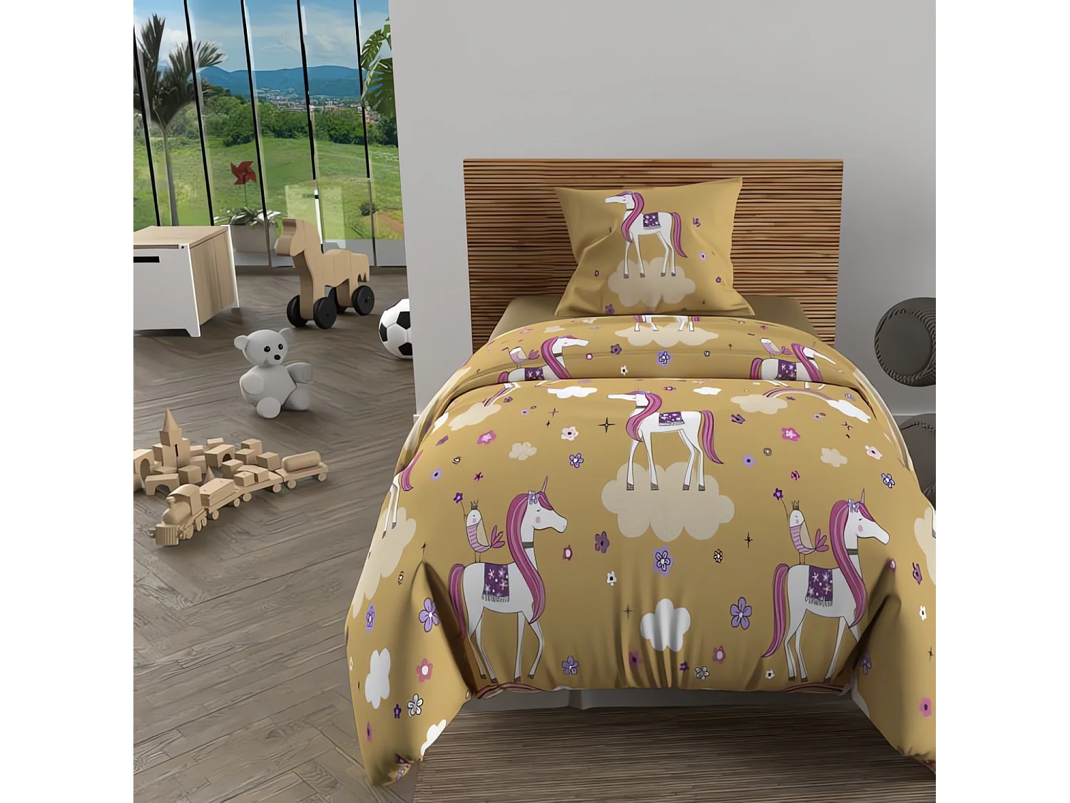 Set funda nórdica 140x200 cm LISOcornios amarillo, 100% algodón 57 hilos/cm2