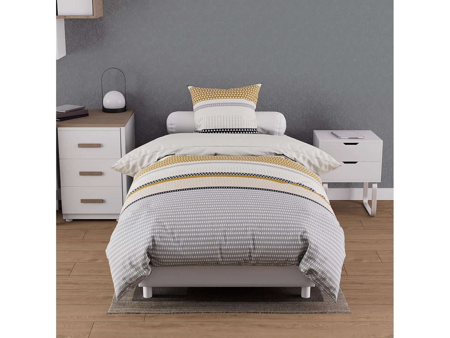 Parure housse de couette coton 57 fils 140x200 cm THALES moutarde, par Soleil d'ocre