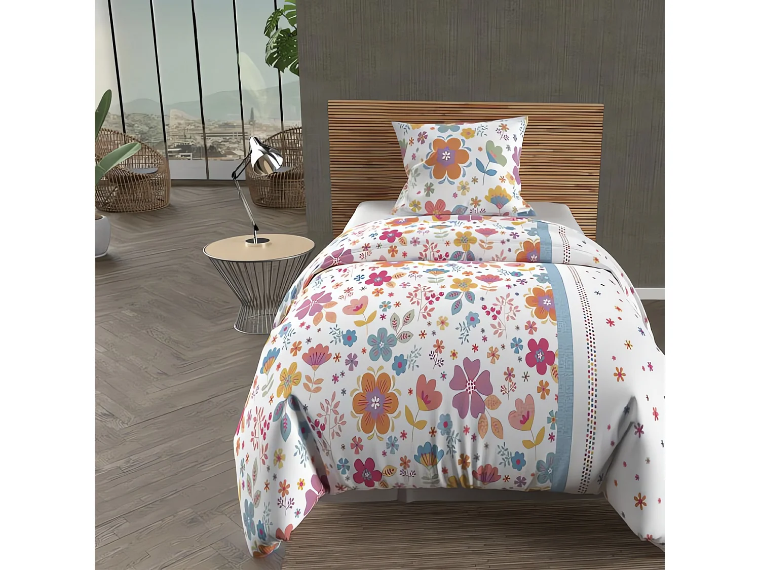 Parure housse de couette microfibre 140X200 cm FLORA blanc, par Intemporel