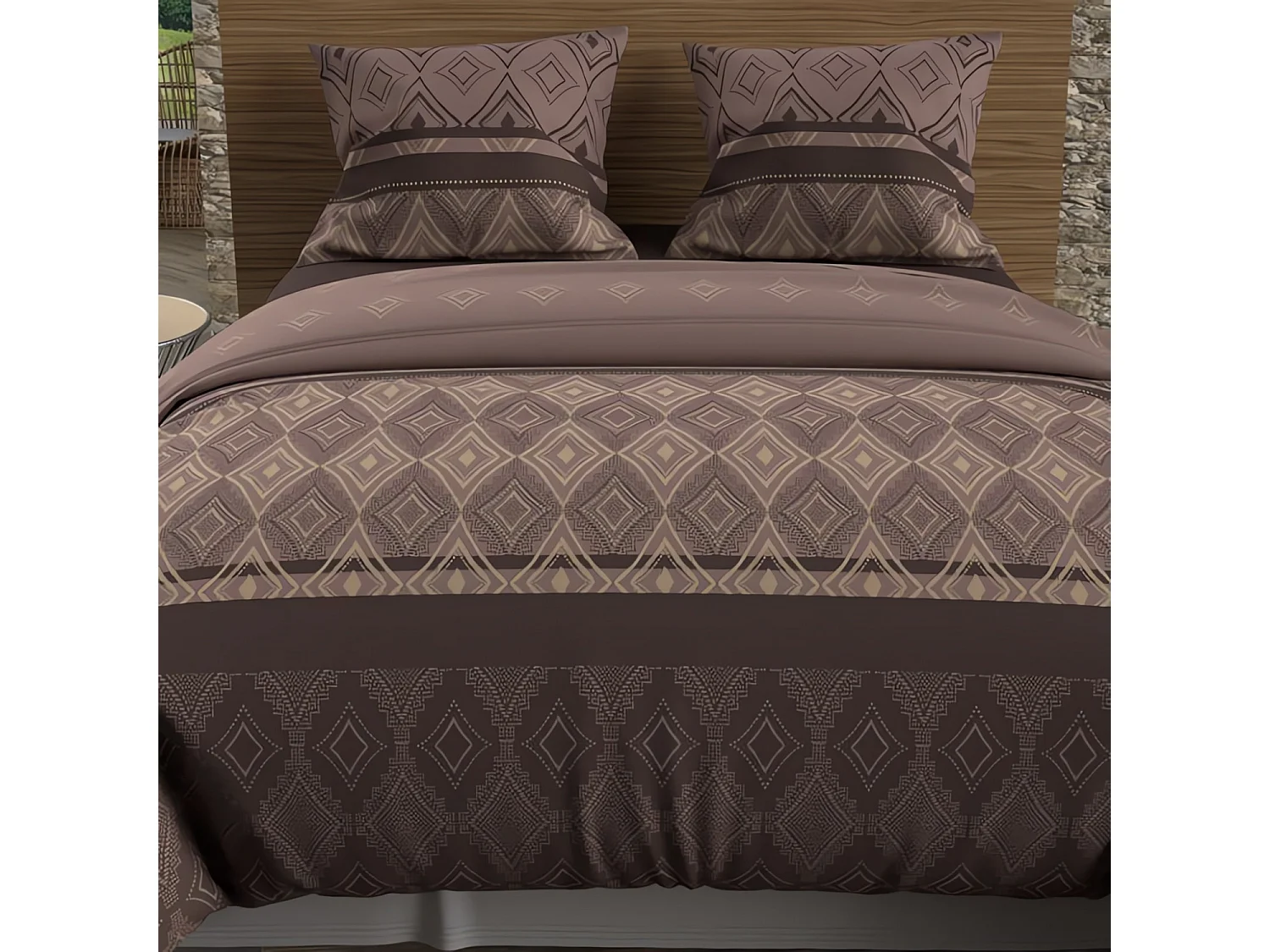 Parure housse de couette en coton 57 fils 260x240 cm ETHNO brun, par Soleil d'ocre