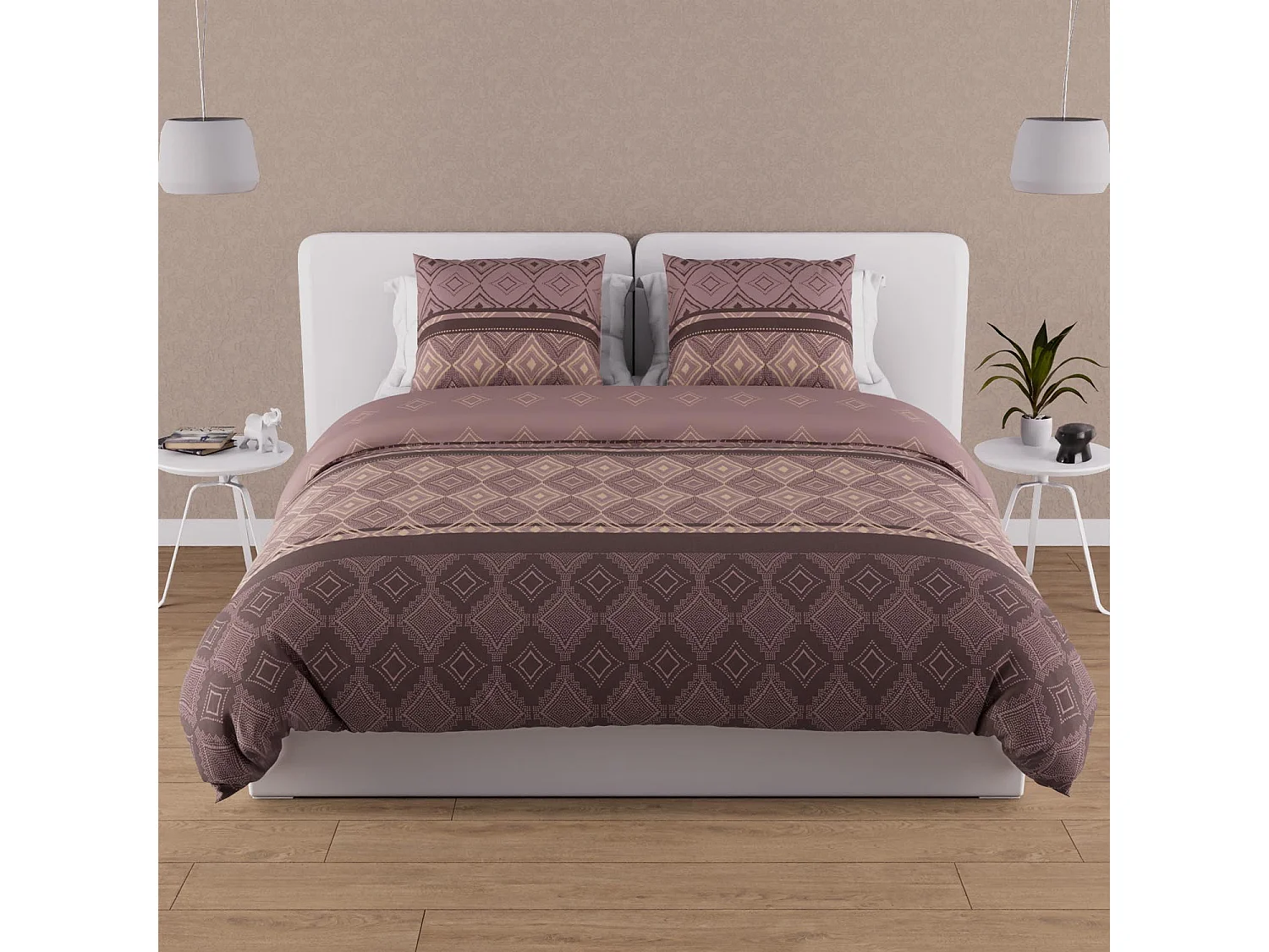 Parure housse de couette en coton 57 fils 260x240 cm ETHNO brun, par Soleil d'ocre