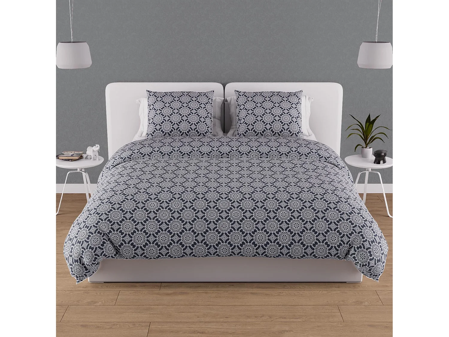 Parure housse de couette en coton 57 fils 260x240 cm ESMERALDA marine, par Soleil d'ocre