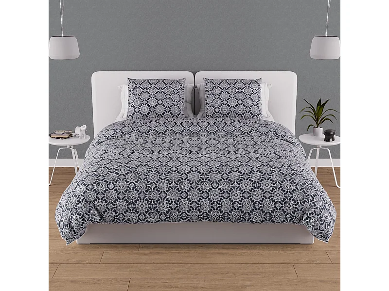 Parure housse de couette en coton 57 fils 260x240 cm ESMERALDA marine, par Soleil d'ocre