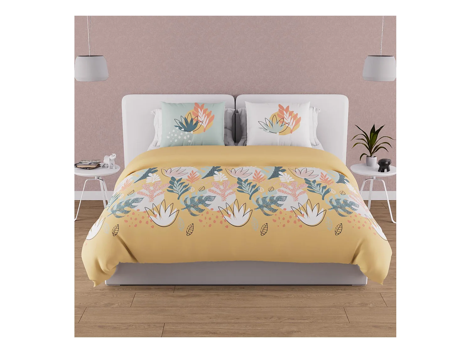 Parure housse de couette en coton 57 fils 240x220 cm MATHIS jaune, par Soleil d'ocre