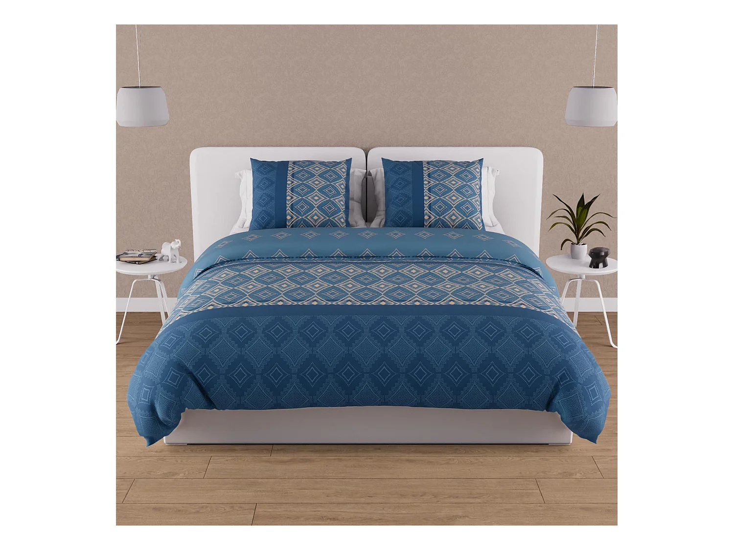 Parure housse de couette en coton 57 fils 240x220 cm ETHNO bleu, par Soleil d'ocre