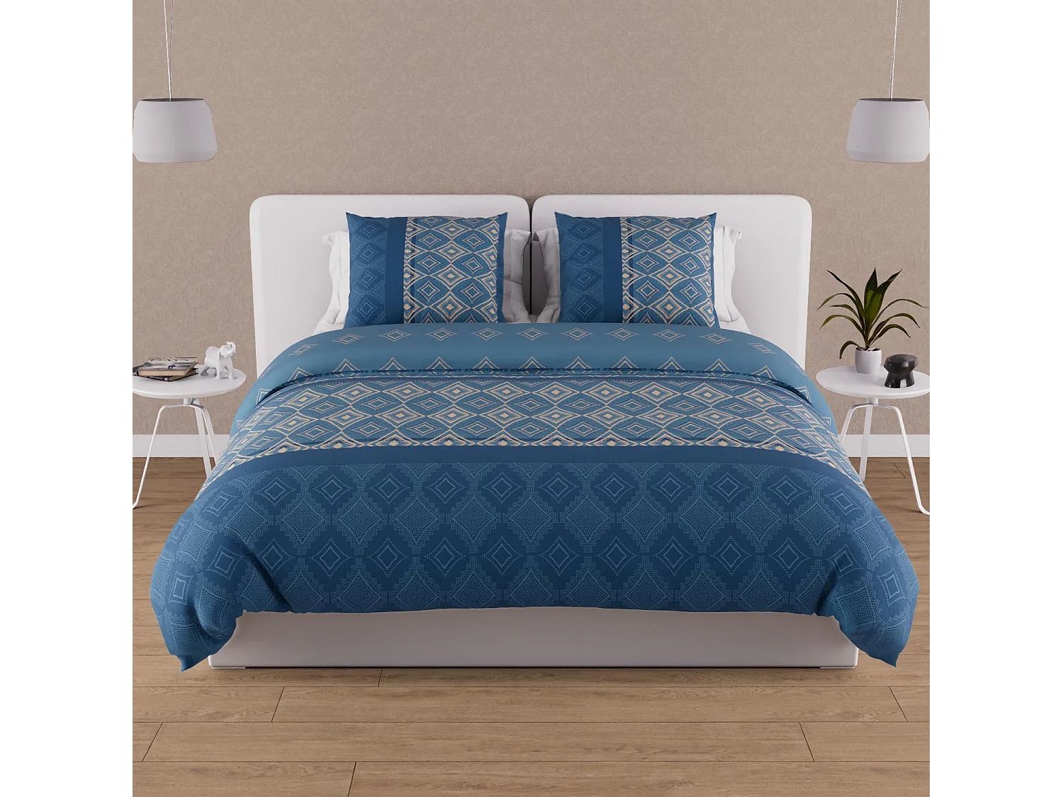 Parure housse de couette en coton 57 fils 240x220 cm ETHNO bleu, par Soleil d'ocre