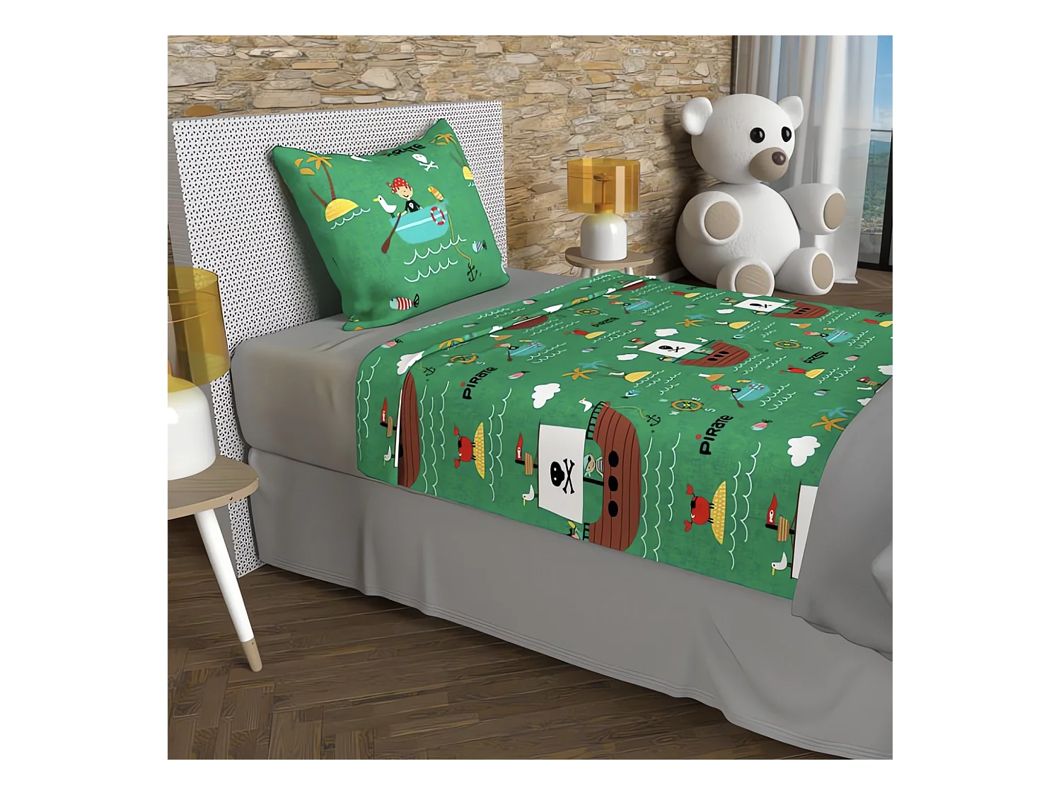 Parure de draps 180x290 cm PIRATES vert, 100% coton 57 fils/cm2, par Soleil d'Ocre